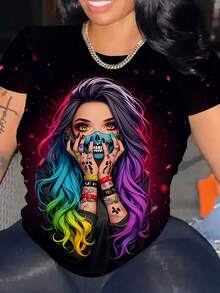 Camiseta de Mujer Plus Talla Negra con Diseño Gráfico de Tatuaje Atrevido - Estilo Urbano Colorido con Arte de Pintura Facial y Cabello Azul, Cuello Redondo Manga Corta para Festivales de Música y Ropa Casual, Lavable a Máquina, Camiseta de Declaración Audaz - Colores mezclados - Ver 8