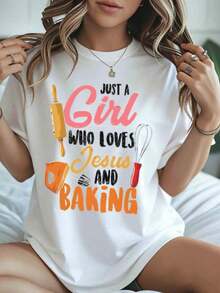 1 Piece Graphic T-Shirt "Just A Girl Who Loves Jesus And Baking" For Women, Faith And Cooking Theme, Casual Wear, Christian Gift For Bakers, 180g 100% Cotton - 白色 - 查看 12