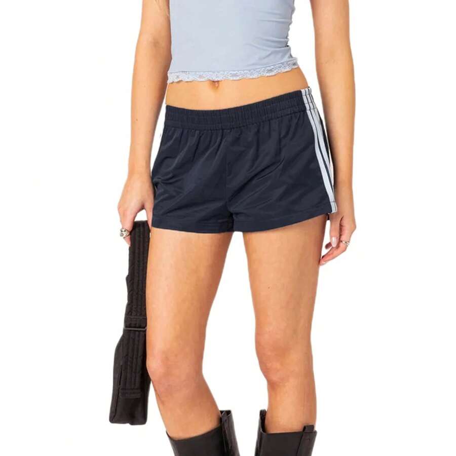 Pantalones cortos informales básicos de verano para mujer, ropa de calle, pantalones de ocio de cintura baja, pantalones cortos estéticos de moda Y2K con estampado de rayas de los años 90 - B - Ver 1