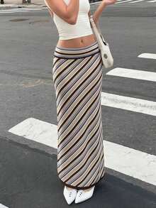 Falda de cintura baja a rayas azul y marrón de estilo vintage y romántico de ganchillo para el verano, vestido de estilo bohemio para vacaciones - Azul - Ver 10