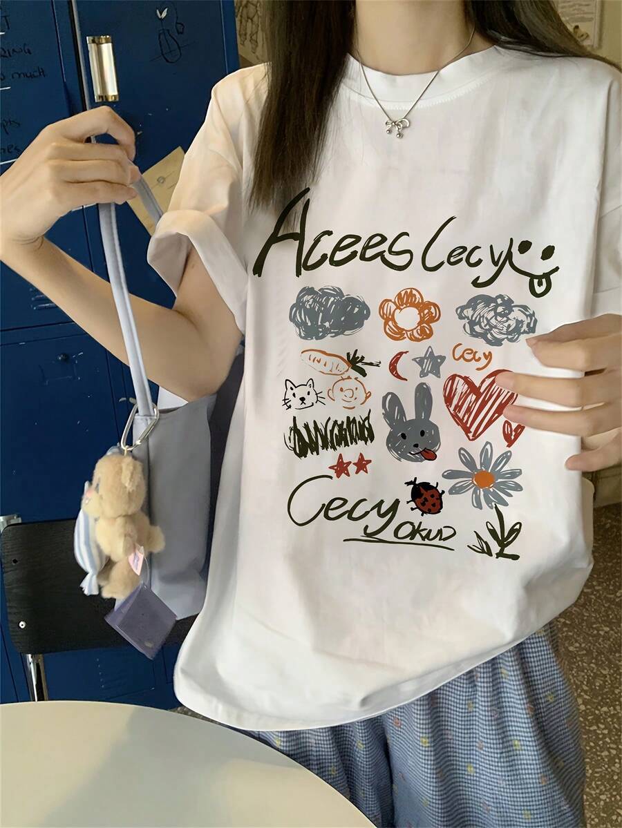 Women's Short-Sleeved T-Shirt With Hand-Drawn Y2K Style Plant And Animal Letter Print, New Summer Fashion, Loose And Versatile Y2K Top With Round Neck - 白色 - 查看 1