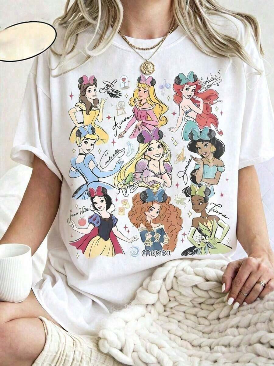 Disney Cartoon Princess Dress Photo Printed T-Shirt, Suitable For Daily Wear, Easy To Wear In Summer, Micro-Elastic, Soft Round Neck Casual Daily Shirt, Round Neck Summer Sweatshirt, Both Men And Women, Loose Version, Holiday Gifts.--Disneys Disneyland Paris The Magic Kingdom Disneyesque The House Of Mouse Mickey Mouse Empire Modest Summer Outfits Take That T Shirt Summer Coord Tops For Women Summer Summer Clothes Women Summer Clothes Summer Tops Summer Tops Women Summer Co Ord Summer Top Summer Outfits White Top Black Top Holiday Outfits For Women  Tops For Women Summer Holiday Gifts Valentine's Day Gifts Earth Day Gifts Oktoberfest Gifts Summer Bank Holiday Gifts - 白色 - 查看 1
