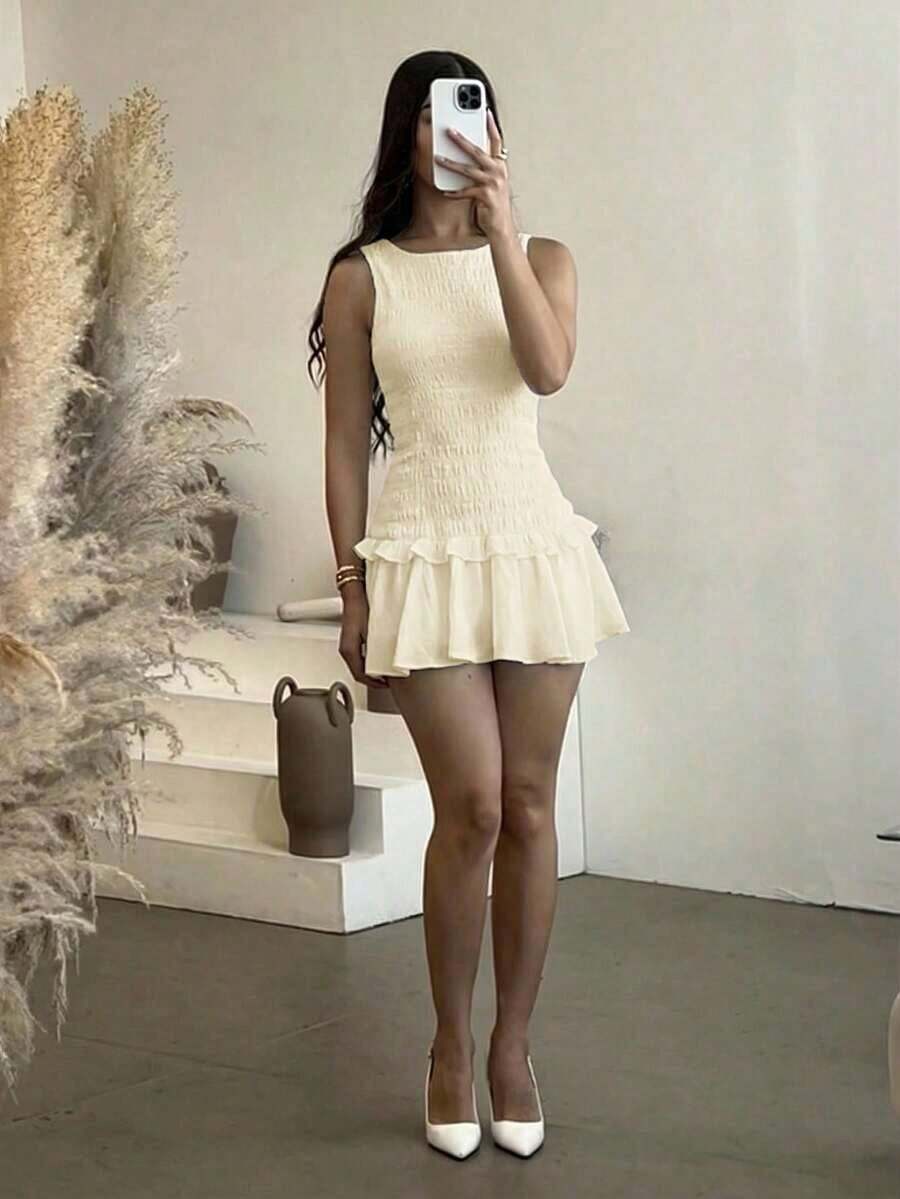 Bello Vestido mini de mujer de punto con volantes en el bajo y sin mangas de un solo color - Albaricoque - Ver 1