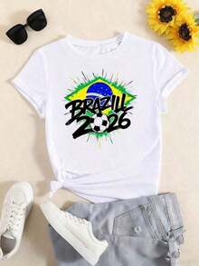2026 New And Popular Unisex Casual T-Shirt With Brazil Flag Graphic 2026 World Cup Unisex T-Shirt For Football Fans Short Sleeve Crew Neck T-Shirt With Fun Print Suitable For: Sporting Events/Holiday Parties/Outings/Sports And Other Holiday Gifts - 白色的 - 查看 1