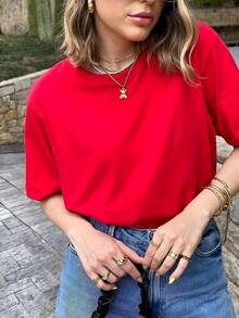 Plain Short-Sleeved T-Shirt, Perfect For Spring And Summer. Casual Women's Shirt, Top, Short-Sleeved T-Shirt. Ideal For Lounging At Home, Casual Wear, Shopping, Or Outdoor Sports. Suitable For Both Men And Women. - 紅色的 - 查看 7