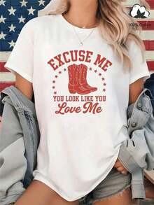 Women's 100% Cotton Retro Western Cowboy T-Shirt - White, Crew Neck, Short Sleeve - Drop Shoulder Style, With "EXCUSE ME YOU LOOK LIKE YOU LOVE ME" Letter Print And Cowboy Boot Pattern - Country Music Festival Wear - Comfortable Casual Wear, Weekend Style, Western Themed Clothing, Retro Western Design, Breathable Material, Lightweight And Breathable, Machine Washable, Comfortable All Year Round, Western Themed T-Shirt - 白色 - 查看 1