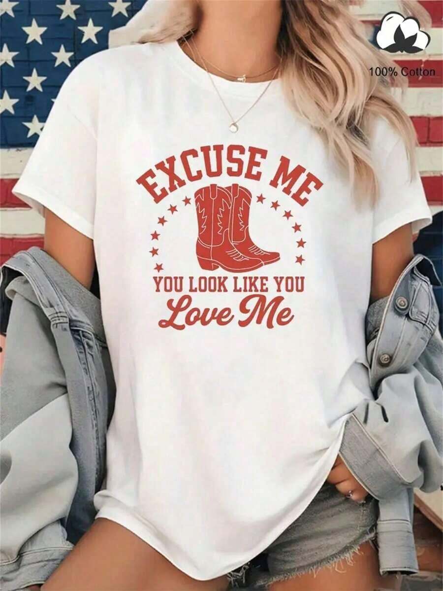 Women's 100% Cotton Retro Western Cowboy T-Shirt - White, Crew Neck, Short Sleeve - Drop Shoulder Style, With "EXCUSE ME YOU LOOK LIKE YOU LOVE ME" Letter Print And Cowboy Boot Pattern - Country Music Festival Wear - Comfortable Casual Wear, Weekend Style, Western Themed Clothing, Retro Western Design, Breathable Material, Lightweight And Breathable, Machine Washable, Comfortable All Year Round, Western Themed T-Shirt - 白色 - 查看 1