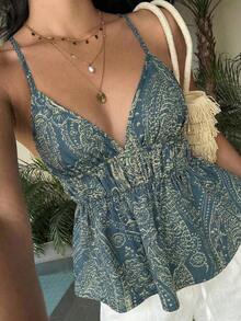 Camiseta sin espalda con volantes y estampado bohemio de verano para mujer - Verde Oscuro - Ver 5