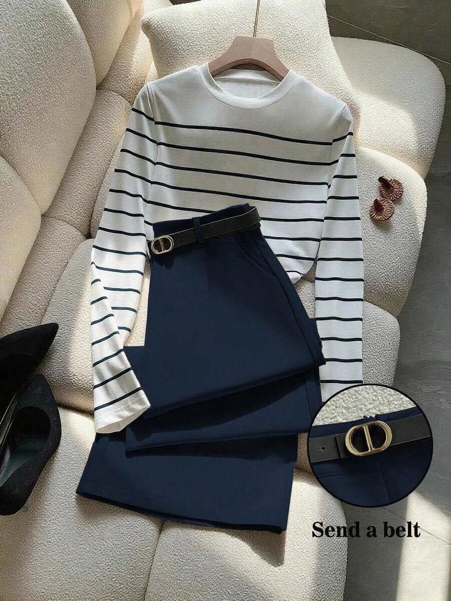 2 piezas Conjunto elegante de camiseta de manga larga a rayas y pantalones con bolsillos y cinturón para mujer - Azul marino - Ver 1