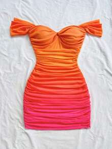 Vestido ajustado de punto y malla con hombros descubiertos para vacaciones - Naranja - Ver 3
