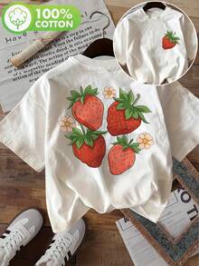 Fresh Style Short-Sleeved, Round-Neck T-Shirt With Strawberry Flower Print On Both Sides - Putih - View 1