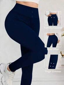 Leggings de cintura alta de unicolor cómodos y casuales para mujer - Azul marino - Ver 1