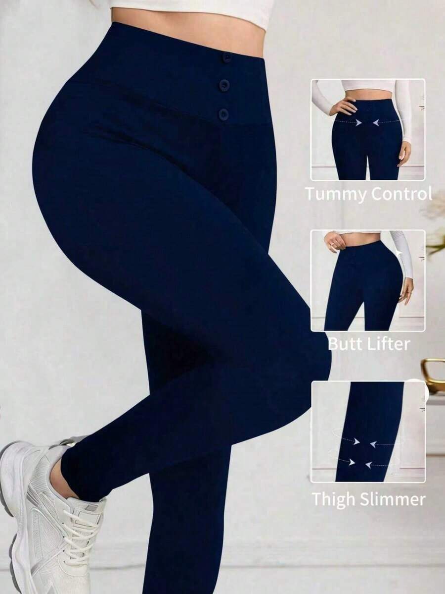 Leggings de cintura alta de unicolor cómodos y casuales para mujer - Azul marino - Ver 1