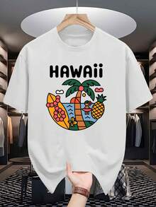 Camisetas de manga corta para hombre de HAWAII, elegantes y modernas camisetas estampadas para jóvenes, perfectas para uso casual en primavera y verano con diseño de cuello redondo. - Blanco - Ver 1