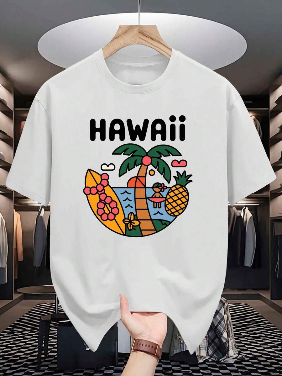 Camisetas de manga corta para hombre de HAWAII, elegantes y modernas camisetas estampadas para jóvenes, perfectas para uso casual en primavera y verano con diseño de cuello redondo. - Blanco - Ver 1
