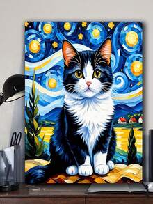 梵高《天蓝色的猫》DIY钻石画套装 - 钻石艺术马赛克工艺品，温馨治愈的艺术设计，沉浸式手工减压，家居装饰艺术DIY工艺爱好者的节日惊喜礼物 - 圓鑽 - 查看 4