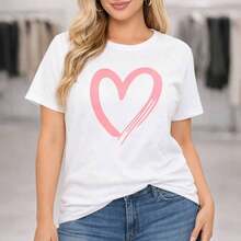 Camiseta de algodón para mujer de talla grande, con estampado de corazón rosa, camiseta casual de manga corta y cuello redondo, corte holgado, top básico para uso diario, ropa cómoda de talla grande, adecuada para primavera, verano y otoño. - Blanco - Ver 7