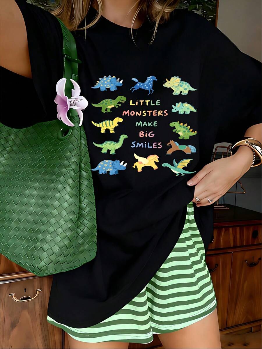 Dinosaur Graphic T-Shirt, 100% Cotton Oversized Soft Breathable Casual Crewneck Short Sleeve Top, Kawaii Summer Vibes Streetwear Tee for Women & Dino Lovers