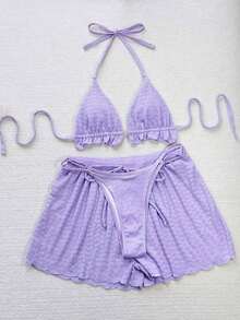 Conjunto de bikini de 3 piezas con parte superior de atar al cuello, estampado de lunares y shorts, con volantes, para mujer, para playa de verano - Morado - Ver 4