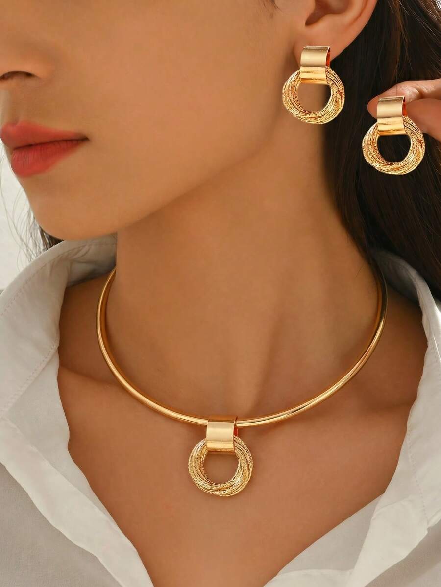 2pcs/Set Middle Eastern Elegant Necklace + Earrings Jewelry Set, Fashionable Metallic Geometric Design With Multiple Circular Pendants, Flat Snake Chain Necklace, Suitable For Daily, Party And Holiday Occasions - Collar - View 1