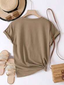 100% Cotton, Perfectly Imperfect, Women's White Crew Neck T-Shirt With Simple Letter Print For Summer, Comfortable And Breathable Cotton Fabric, Versatile Casual Style, Fashionable T-Shirt, Beautiful T-Shirt, Gift For Brothers, Gift For Sisters, Gift For Mom, Mother's Day Gift, Casual Fashion T-Shirt For Dates. - 駝色 - 查看 2