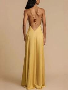 Vestido largo satén verano mujer cuello V espalda descubierta elegante estilo europeo sensual - Dorado - Ver 4