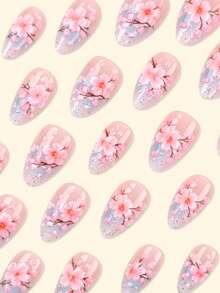 30pcs Short Almond Gradient Blue Sky French False Nails, 3D Floral Acrylic Manicure Set Includes Gel Glue And Nail File, Suitable For Women's Party, Prom, Casual Wear, Reusable - Multicolor - View 2