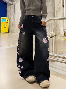 1件女款美式街頭風破洞刺繡寬腿鬆款舒適四季牛仔長褲（本產品不含腰帶/配件） - 櫻桃紅 - 查看 5