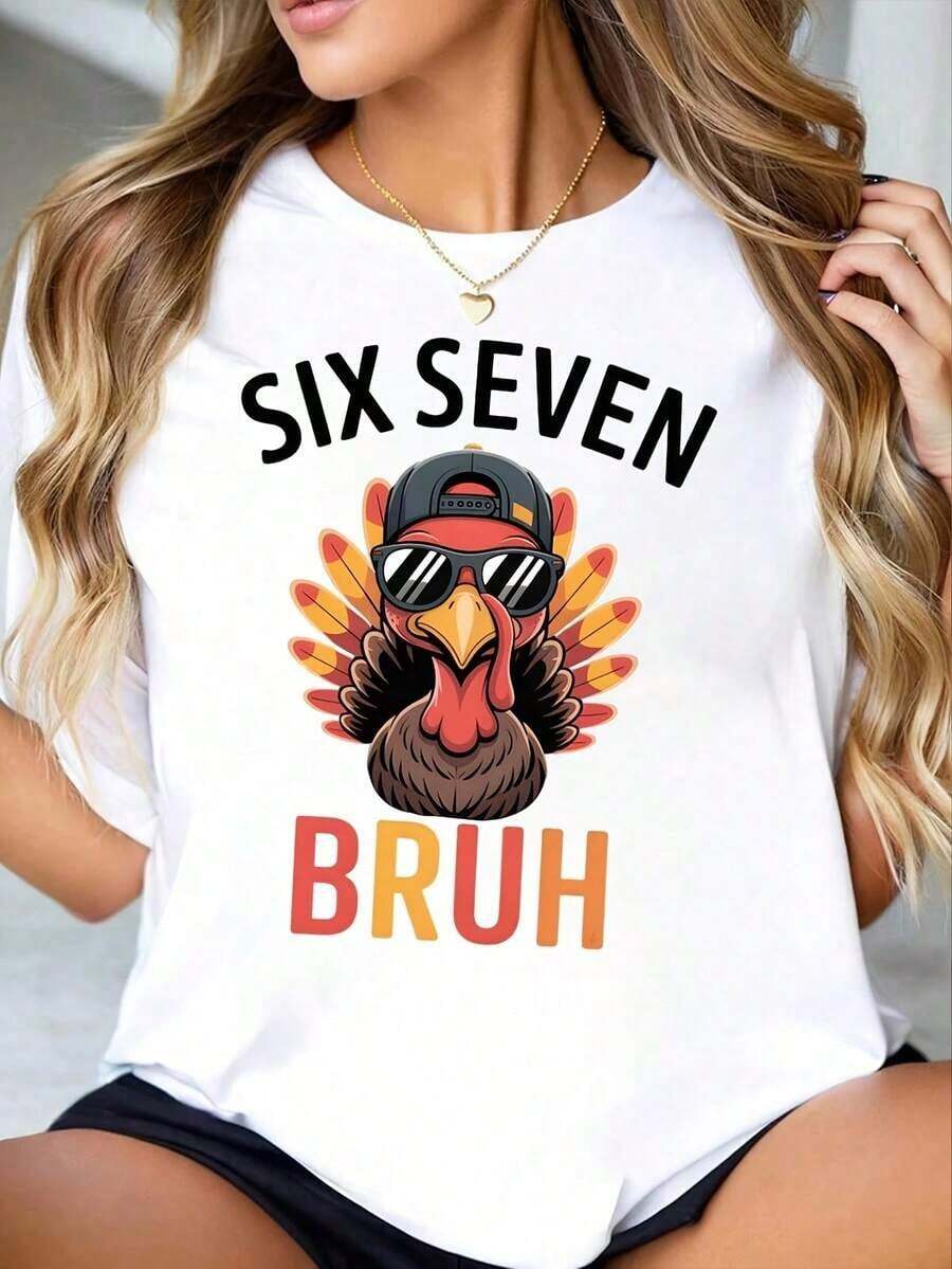 Camiseta Moderna Minimalista para Mujer con Cuello Redondo, Estampado de Turkey con Gafas de Sol y Sombrero Six Seven Bruh, Manga Corta, Estilo Casual de Verano para el Día de Acción de Gracias y Uso Diario. - Blanco - Ver 1