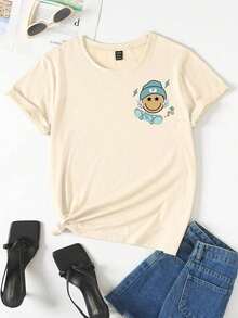 Women's Short Sleeve Basic T-Shirt Casual Creative Capybara Graphic Print Elegant T-Shirt - 杏色 - 查看 2