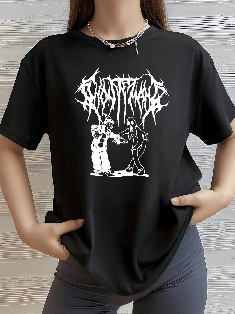 Dos figuras contrastadas donde un payaso extiende su mano a una mujer misteriosa simbolizando el equilibrio entre lo absurdo y lo enigmático camiseta de mujer moderna casual para uso diario cómoda y de corte suelto - Negro - Ver 1