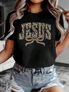 1 Pieza Camiseta Casual de Moda para Hombres y Mujeres 100% Algodón con Estampado de Camuflaje, Lazo Coqueta, Jesús, Dios, Religioso, Camiseta de Manga Corta con Cuello Redondo, Cómoda, para Primavera y Verano, Ropa de Mujer Versátil, fácil de combinar, adecuada para uso diario, estilo urbano, conjuntos de vacaciones, conjuntos de fin de semana. - Negro - Ver 7