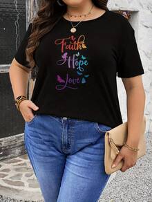 Plus Size Women's Casual Short Sleeve T-Shirt - Inspirational "Faith Hope Love" Butterfly Print, Stretchy Round Neck Top, Machine Washable Spring/Summer Comfort Tee, Cute Short Sleeve Tops, Relaxed Fit, Stylish Top, Soft Material, Printed Shirt, Fashion Lovers - 黑色 - 查看 1