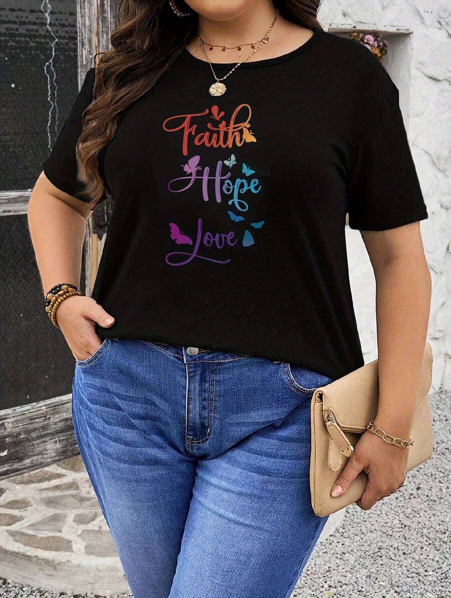 Plus Size Women's Casual Short Sleeve T-Shirt - Inspirational "Faith Hope Love" Butterfly Print, Stretchy Round Neck Top, Machine Washable Spring/Summer Comfort Tee, Cute Short Sleeve Tops, Relaxed Fit, Stylish Top, Soft Material, Printed Shirt, Fashion Lovers - 黑色 - 查看 1