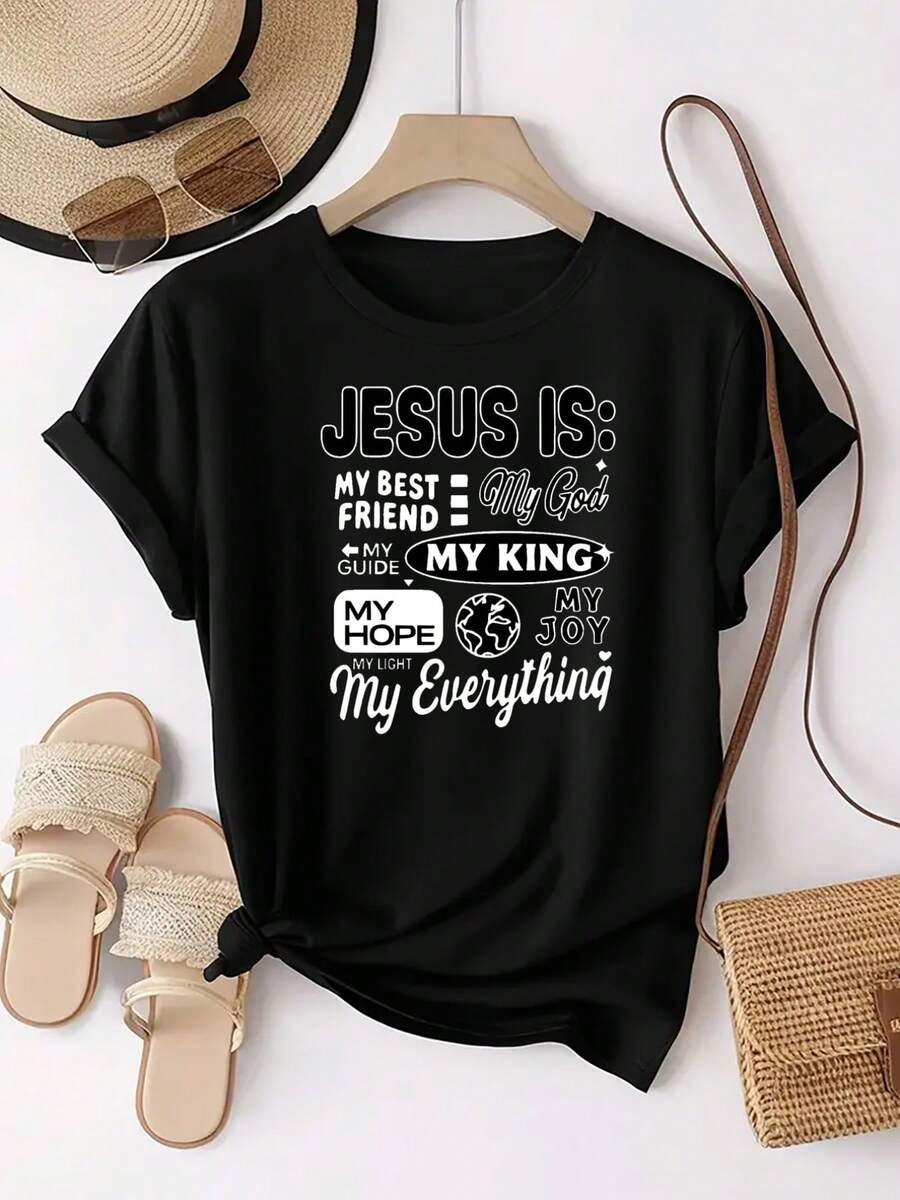 Jesus Is My Friend, God, King, Hope, Joy, And Everything. Fashionable Casual Everyday Sports T-Shirt With A Round Neck And Short Sleeves Featuring A Patterned Print; A Comfortable Top For Women. - 黑色 - 查看 1
