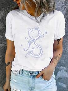 Stylish Short-Sleeved T-Shirt With A Cat Print For Women,  Casual Wear, Versatile Top For Everyday Wear, Vacations, And Travel, Available In Multiple Colors, Sizes S-XXL. A Very Distinctive Printed T-Shirt / Unisex Style / Suitable For Both Men And Women / Wrinkle-Resistant / Breathable. - 白色 - 查看 8