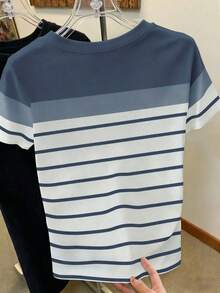 Camiseta blanca de mujer con estampado de rayas de color azul real, perfecta para el verano, camiseta de moda, camiseta de moda, regalo para hermanos, regalo para hermana, regalo para madre, regalo del Día de la Madre, tops casuales pero de moda - Azul - Ver 2