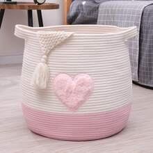 1 chiếc giỏ lớn đan bằng dây cotton hình trái tim màu hồng, giỏ tròn đựng đồ giặt và đồ chơi, giỏ vải có tay cầm. - Nhiều màu - Xem 2