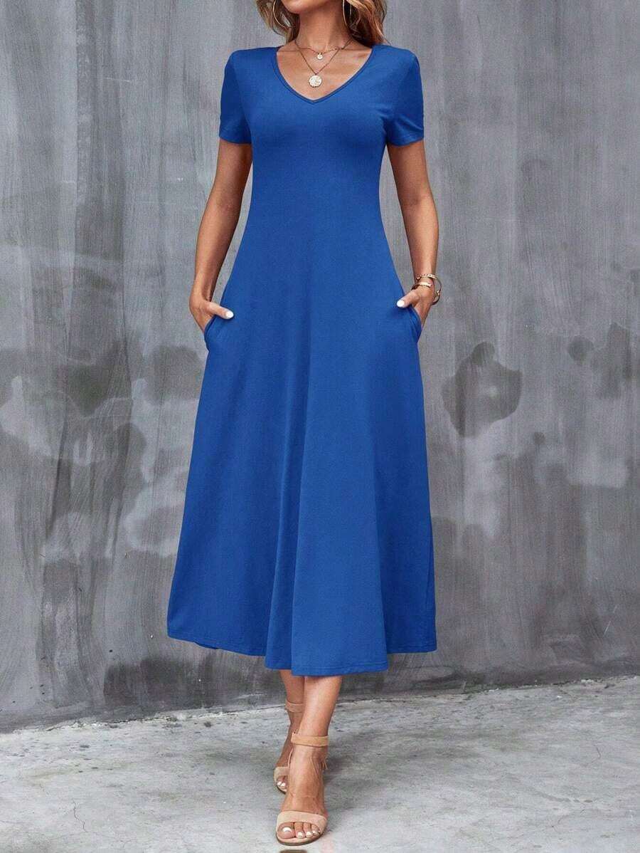 Vestido unicolor con bolsillo oculto escote V - azul real - Ver 1