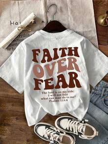 Short-Sleeved T-Shirt With Round Neck And Inspirational Print In English: "Faith Over Fear" - White 1 - View 2