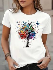 Camiseta Casual Suave para Mujer con Estampado de Mariposas y Árboles - Diseño vibrante con bloques de color, cuello redondo, corte regular, lavable a máquina, adecuada para todas las estaciones, camiseta con patrón artístico y a la moda para el uso diario, ropa de fácil cuidado, blusas elegantes para mujer. - Blanco - Ver 1