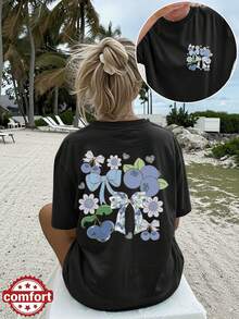 [Double-Sided Print] Women's Spring And Summer Top, Beach Fashion, Cool Style, Blueberry Print, Bow, Flowers And Hearts, Casual Short Sleeve Round Neck T-Shirt - 黑色 - 查看 1