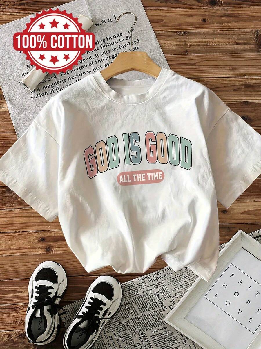 Women's Spring And Summer Vintage-Style Tops With The Slogan 'GOD IS GOOD ALL', Modern Women's Short-Sleeved, Sheer, Casual Round-Neck T-Shirt - 白色 - 查看 1