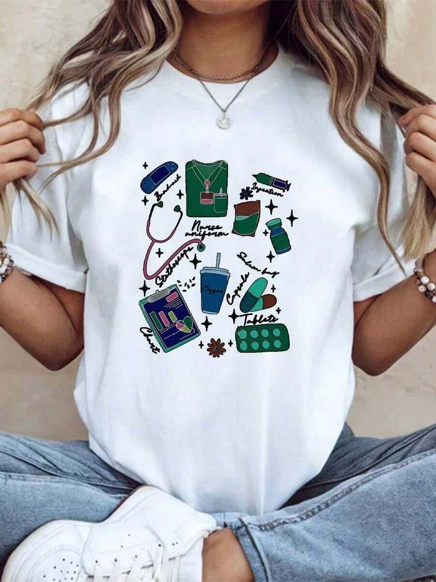 Women's Casual Short-Sleeve Medical-Themed Graphic Print T-Shirt, Comfortable Fabric, Perfect As A Gift, Bohemian T-Shirt, Women's Blouses - 白色 - 查看 1