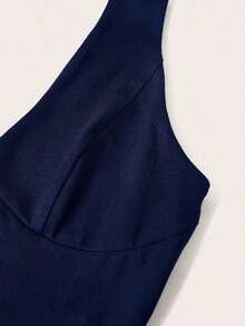 Top de tirantes de cuello halter sin espalda con cuello en V de color liso, uso casual diario - Azul marino - Ver 4