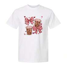 1 Piece Women's Pure Cotton T-Shirt With Coffee And Bow Print, New Design 2026 Print T-Shirt, Casual Round Neck T-Shirt For Spring And Summer, Women's Daily Wear T-Shirt, White/Black/Pink/Yellow/Green/Navy Blue, 180g 100% Cotton. - 黑色 - 查看 6