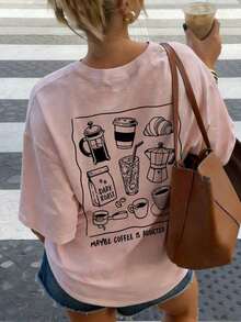 The Hottest Summer Item: A Pure Cotton Crew Neck T-Shirt Printed With Breakfast Food And Drinks. Its Relaxed, Casual Style Is Versatile And Perfect For Everyday Wear. A Stylish And Popular Party T-Shirt. - 粉色 - 查看 8