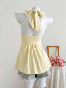 Top de tirantes con estampado de lunares marrones y detalle de nudo en la espalda para mujer, adecuado para verano, vacaciones de primavera, ceremonia de graduación, fiesta de boda, vacaciones elegantes, playa casual, estilo Y2K lindo y sexy y - Amarillo claro - Ver 2
