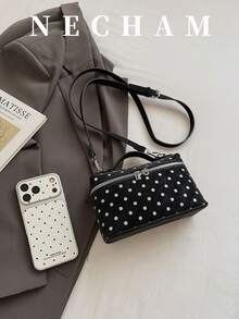 1pc Korean Ins Style Polka Dot Print Lunch Box Bag, Fashionable Daily Shoulder Bag (Accessories Not Included) - Black - View 5