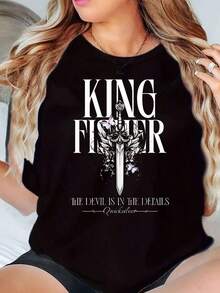 New arrivals for summer.Women's T-Shirt Round Neck King Fighter Sword Graphic Print Casual Loose Fit TopBlouse,Shirt > Beautiful. - Negro - Ver 10